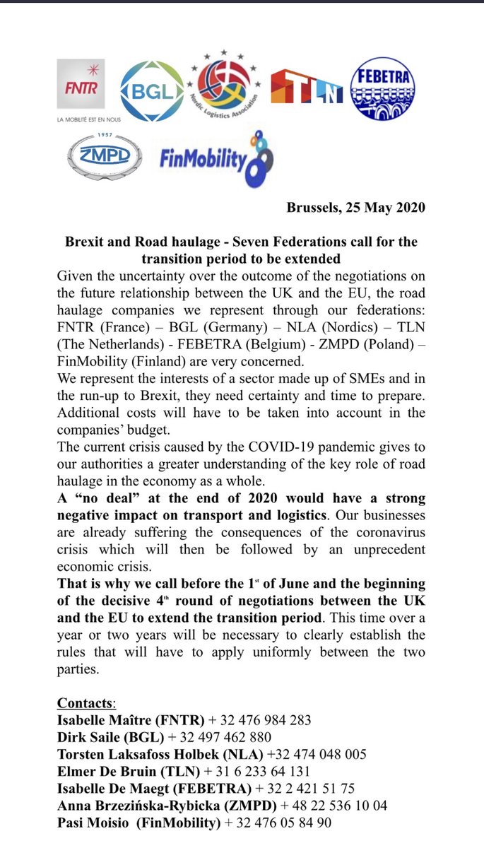 tlholbek's tweet photo. Fælles #Brexit-opråb fra 7 vognmænds-organisationer: Forlæng overgangsordningen for at give tid til at forberede sig på post-Brexit. Og undgå no deal scenariet. @nla_nordic @FNTR @bgl_logistik @smetrabxl @TLNnieuws @FEBETRA #ZMPD #eudk https://t.co/oJDPZpabA8
