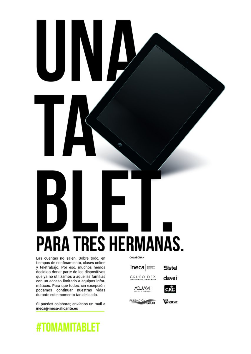 InstitutoINECA's tweet photo. Todavía hay estudiantes que no pueden continuar con su formación al cerrar sus centros por el #covid19
Mantenemos activa la campaña #tomamitablet #tomamiportatil para recoger los terminales que no uses
Y si no tienes, ayúdanos en la fila 0
✍️Escribe a ineca@ineca-alicante.es https://t.co/A1L62NV6nT