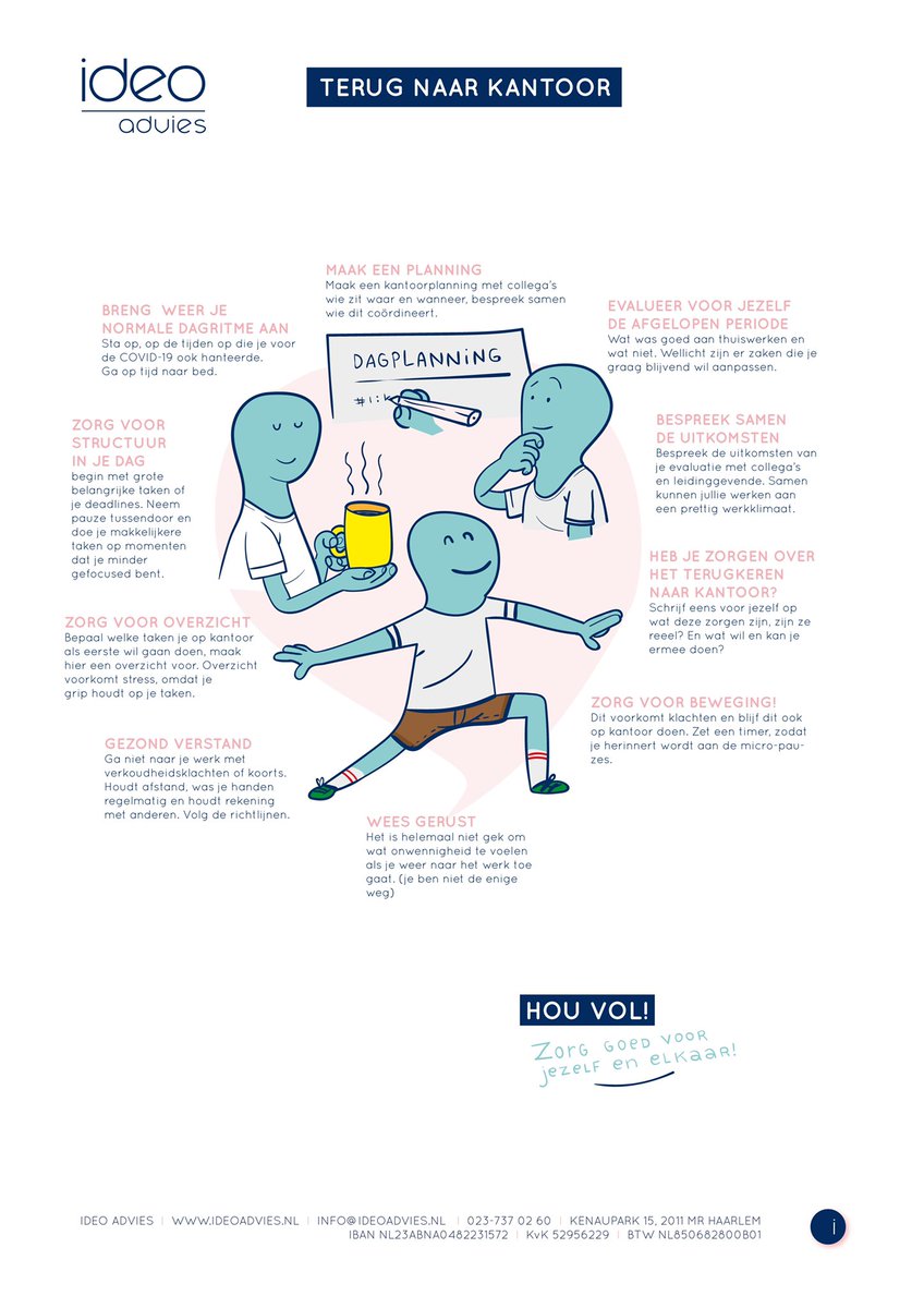 Met goede afspraken kan een begin gemaakt worden met ‘terug naar kantoor’. Daarom wat tips voor een rentree op de werkvloer. (voorlopig luidt het advies nog steeds om ‘zoveel als mogelijk thuis te werken’)
#vitaliteit #preventie #happyhealthy #back2work #gezondverstand