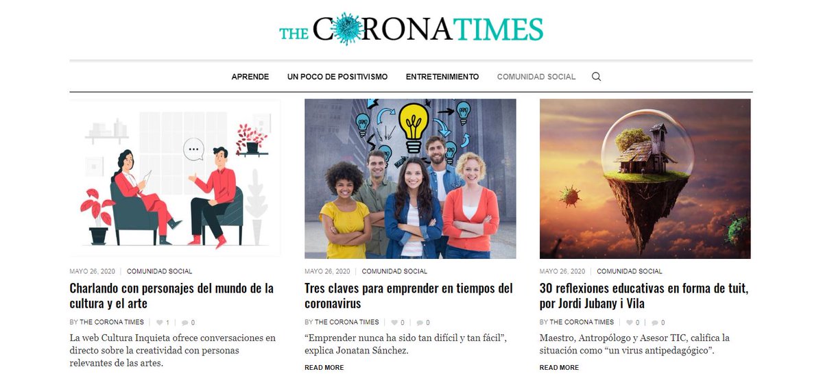 📢Nuevos contenidos en The Corona Times 👉 corona-news.es 
Conecta con lo que está pasando: reflexiones, experiencias, propuestas, entretenimiento... ¡Lee y comparte! 
#mascarillasparatodos #EsteVirusLoParamosJuntos #EstoNOtienequePARAR #EstoPasará