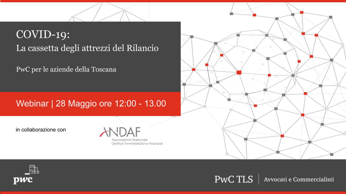 PwC_Italia's tweet photo. Il webinar PwC in collaborazione con @ANDAF_CFO "#COVID19: La cassetta degli attrezzi del rilancio, PwC per le aziende della Toscana” analizzerà misure #fiscali a sostegno della #liquidità e del rafforzamento patrimoniale delle imprese. https://t.co/GgfhhxPSBk
_
#PwCItaly #PwCTLS https://t.co/hgs7smpcqc
