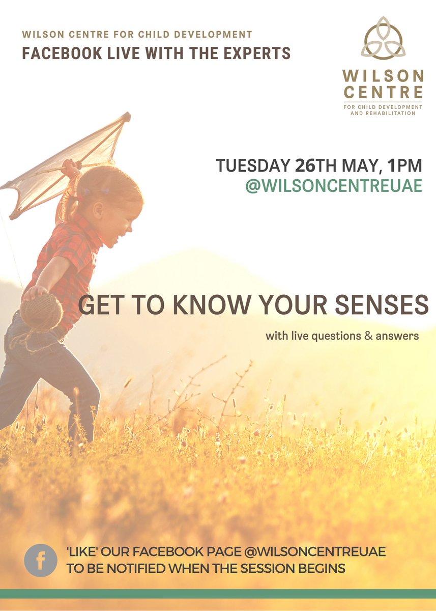 Did you know we actually have seven senses? Join us today at 1pm on Facebook live as Sheena Wilson brings you to your senses. #wilsoncentreuae #uaeparents #parentingtalk