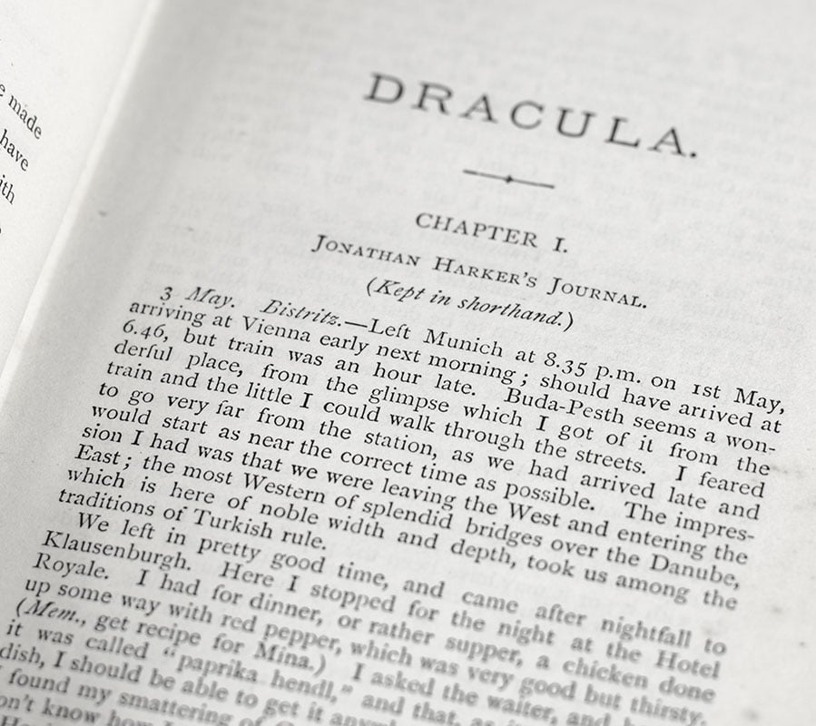 with horrors’.In the 1980s, the original Dracula manuscript was found in a barn in rural northwestern Pennsylvania. Nobody knows how it made its way across the Atlantic. That manuscript, now owned by Microsoft co-founder Paul Allen, begins on page 102. Jonathan Harker’s journey