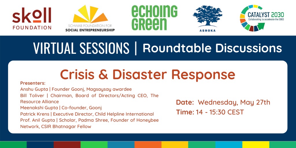 How do we ensure that we respond better to future crisis and disasters? This Wednesday, May 27th join in for a roundtable conversation: Crisis & Disaster Response
Time: 5.30 pm IST, 14:00 CEST
Register here - zoom.us/meeting/regist…

#CatalysingChange #Catalyst2030 #Goonj
