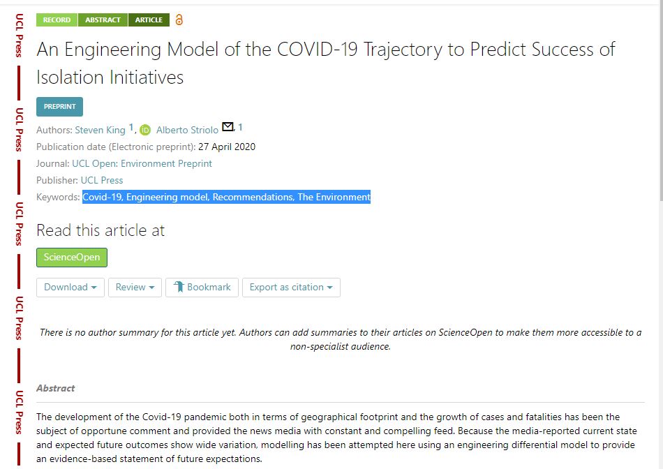 uclopen_env's tweet photo. NEW article on our pre-print server, open for review, "An Engineering Model of the COVID-19 Trajectory to Predict Success of #Isolation Initiatives" @Science_Open @Environ_Domain #Covid-19 #Engineeringmodel #Environment https://t.co/nUL5UUdy3C https://t.co/W9RDrcn6EB