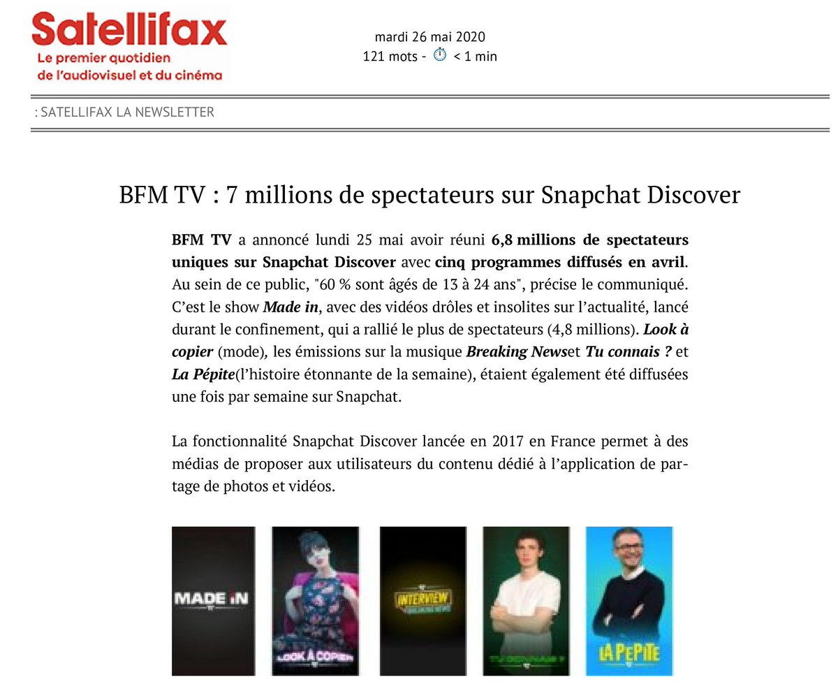 BFMTV_Inside's tweet photo. 📰« Près de 7 millions de spectateurs uniques pour les shows @BFMTV sur #SnapchatDiscover en avril 2020 » via @lemediaplus @Satellifax #Correspondancedelapresse
⭐️"Made in"
⭐️"Look à copier"
⭐️"Breaking News"
⭐️"Tu connais ?"
⭐️"La Pépite" https://t.co/CfFpb8Hy74