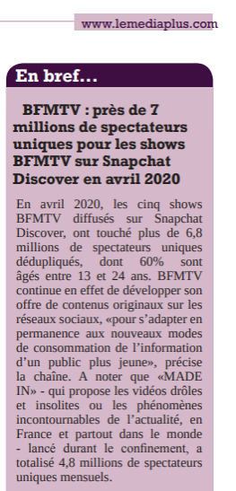 BFMTV_Inside's tweet photo. 📰« Près de 7 millions de spectateurs uniques pour les shows @BFMTV sur #SnapchatDiscover en avril 2020 » via @lemediaplus @Satellifax #Correspondancedelapresse
⭐️"Made in"
⭐️"Look à copier"
⭐️"Breaking News"
⭐️"Tu connais ?"
⭐️"La Pépite" https://t.co/CfFpb8Hy74