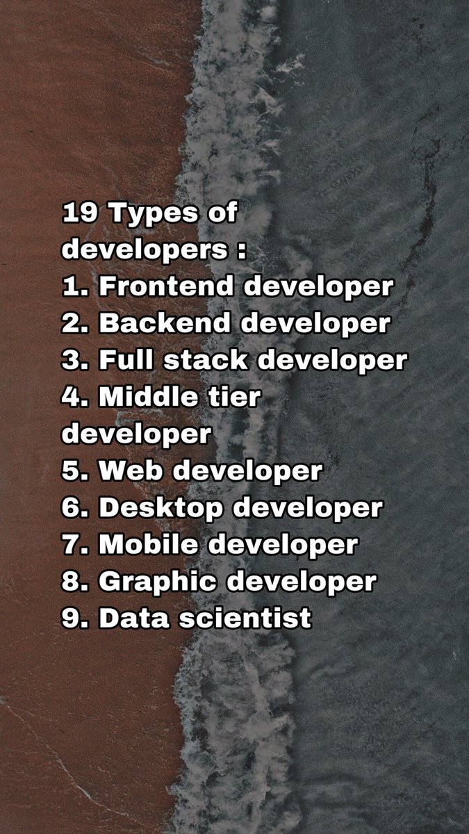 nirvana_core's tweet photo. 19 Types of Developers :
#developers #frontenddeveloper #backenddeveloper #typersofdeveloper #fullstackdeveloper #gamedeveloper #middletier #webdeveloper #desktopdeveloper #datascientist #mobiledeveloper #graphicdeveloper #development #DeveloperCommunity https://t.co/9YpSouJAJe