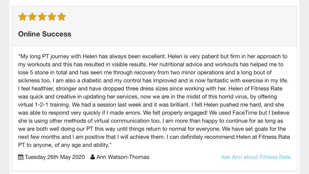 Helen <a href="/Fitnessrate/">Helen Freeman</a> Says Ann, 'is very patient but firm in her approach to my workouts, resulting in visible results. Her nutritional advice &amp; workouts has helped me lose 5 stone in total &amp; has seen me through recovery from two minor operations' wowbromley.co.uk/listings/fitne… #BeckBromFL