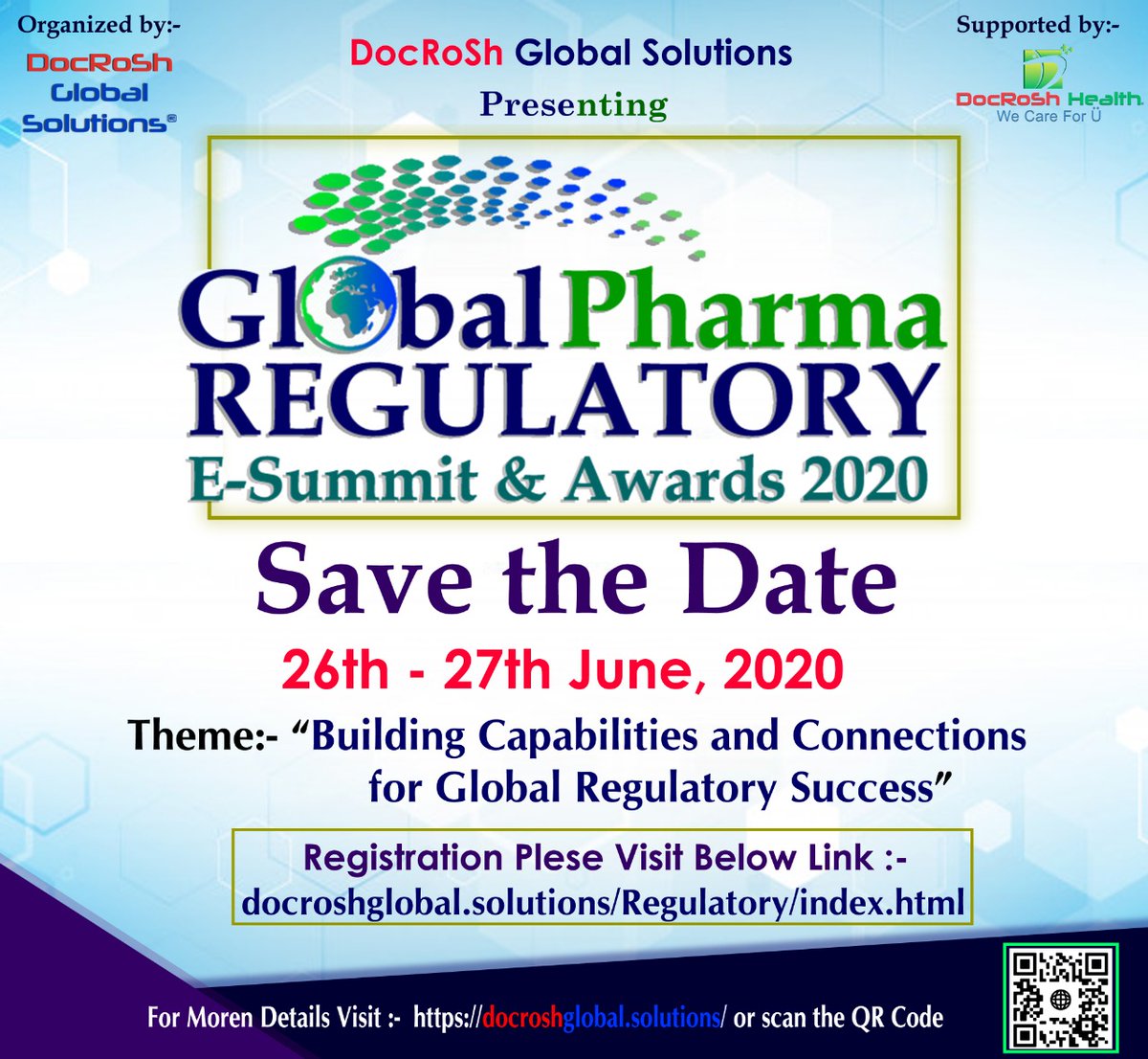 DocRoShGlobal's tweet photo. DocRoSh Global Solutions® warmly welcomes all the eminent delegates to participate in the upcoming event “Global Pharma Regulatory E-Summit &amp; Awards 2020” Affairs in Global Emerging Market” scheduled on 26th - 27th June 2020 at Mumbai, India.

visit:https://t.co/GMo8EenyZt https://t.co/w2kZo6lS18