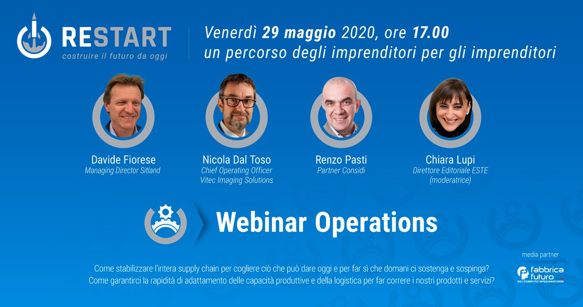 #Webinar #OPERATIONS 29 maggio 17.00

Registrati subito>>> bit.ly/36ukUiJ
Scopri di più >>> bit.ly/3egIwdl

<a href="/CONSIDIofficial/">CONSIDI S.p.A. (Società Benefit)</a> #culturadimpresa #ESTE #restart