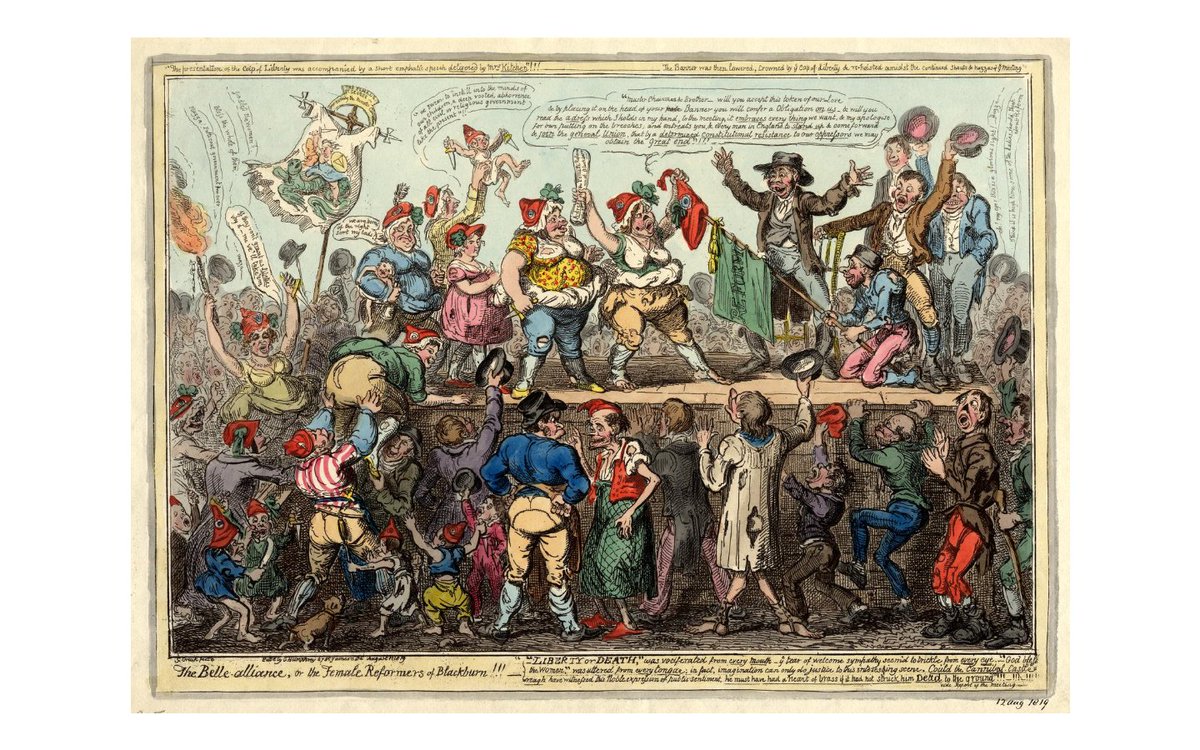 The first public meeting of female reformers happened in Blackburn, Lancashire in July 1819. It was grotesquely caricatured by George Cruikshank. Spot the sexual symbolism, the fatness as insult/women taking up too much space in the political space, and the Jacobin children.