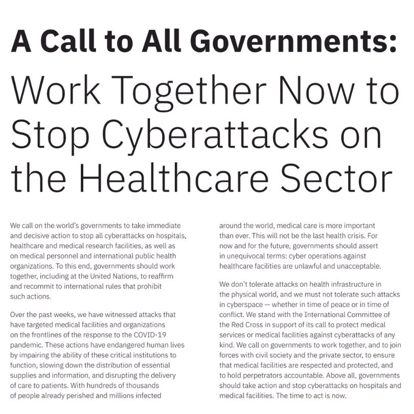 Like every crisis, the ongoing pandemic also presents some unprecedented opportunities, which we shouldn't let pass by. Today, a milestone open letter by a group of global leaders brings us one step closer to ensuring effective protection of hospitals from cyber attacks.THREAD: