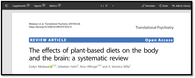 The Effects of Plant-based Diets on the Body and the Brain: a Systematic ReviewArthurs: Evelyn Medawar 1,2,3, Sebastian Huhn 4, Arno Villringer 1,2,3 and A. (2019) Veronica Witte1, Academic Article: https://rdcu.be/b2Jt9 