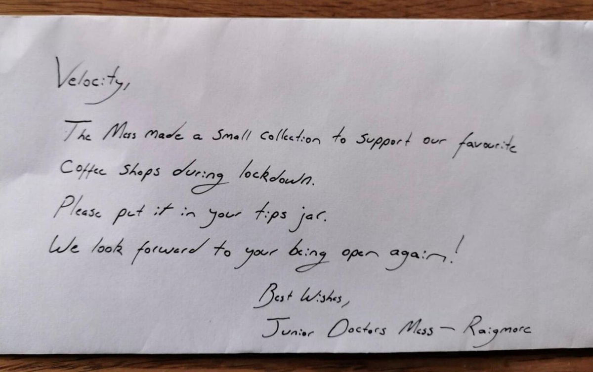velocitylove's tweet photo. Our cafe reopened last week for #takeaway from 10am-4pm, Tuesday-Saturday. The cafe team were delighted to find this note from the Junior Doctors at Raigmore. Thanks for supporting your local coffee shop and for the work you do!

#thankyouNHS #NHSheros #gratitude #goodnewsstory https://t.co/ponndPDOhi