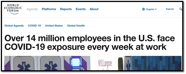 World Economic Forum “Over 14 million employees in the U.S. face COVID-19 exposure every  week at work” (2020), Organizational Website: https://www.weforum.org/agenda/2020/03/americans-face-covid-19-exposure-work-coronavirus-health