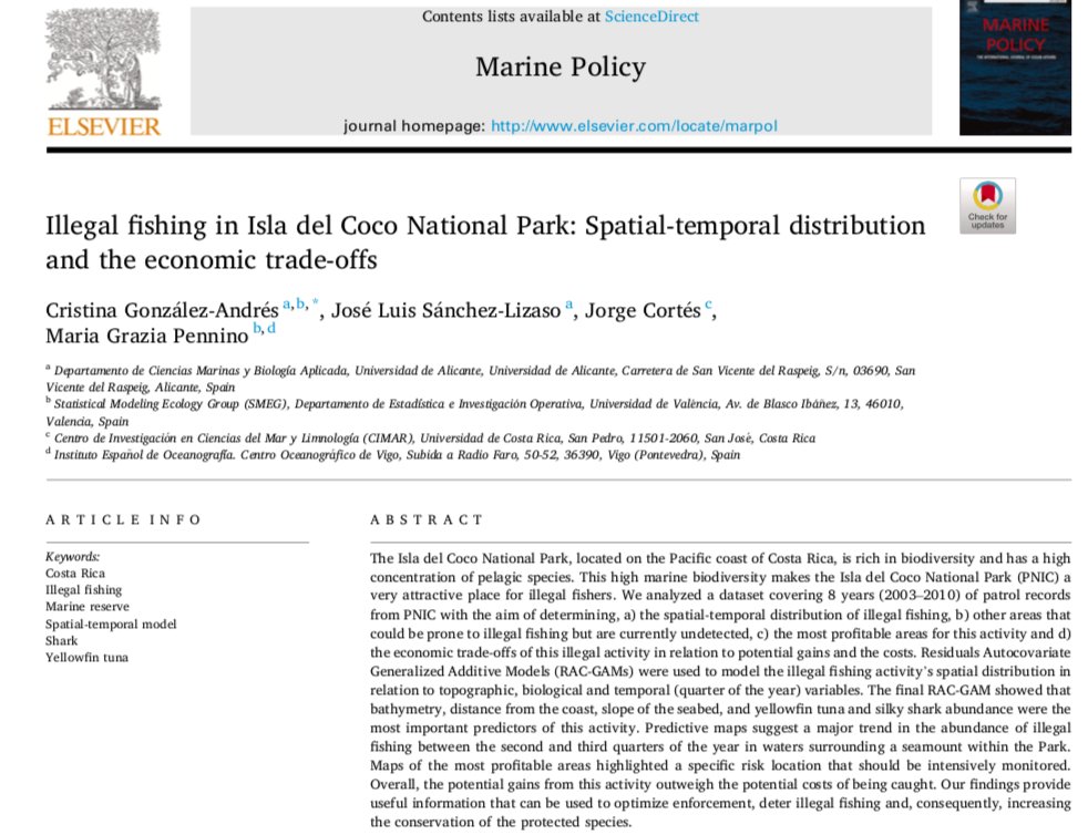 Very proud of #CristinaGonzalesAndres, second PhD chapter fresh off the press in #MarinePolicy provides an interesting inside on #IllegalFishing in an #offshoreMPA, Isla del Coco. Check it out: sciencedirect.com/science/articl…