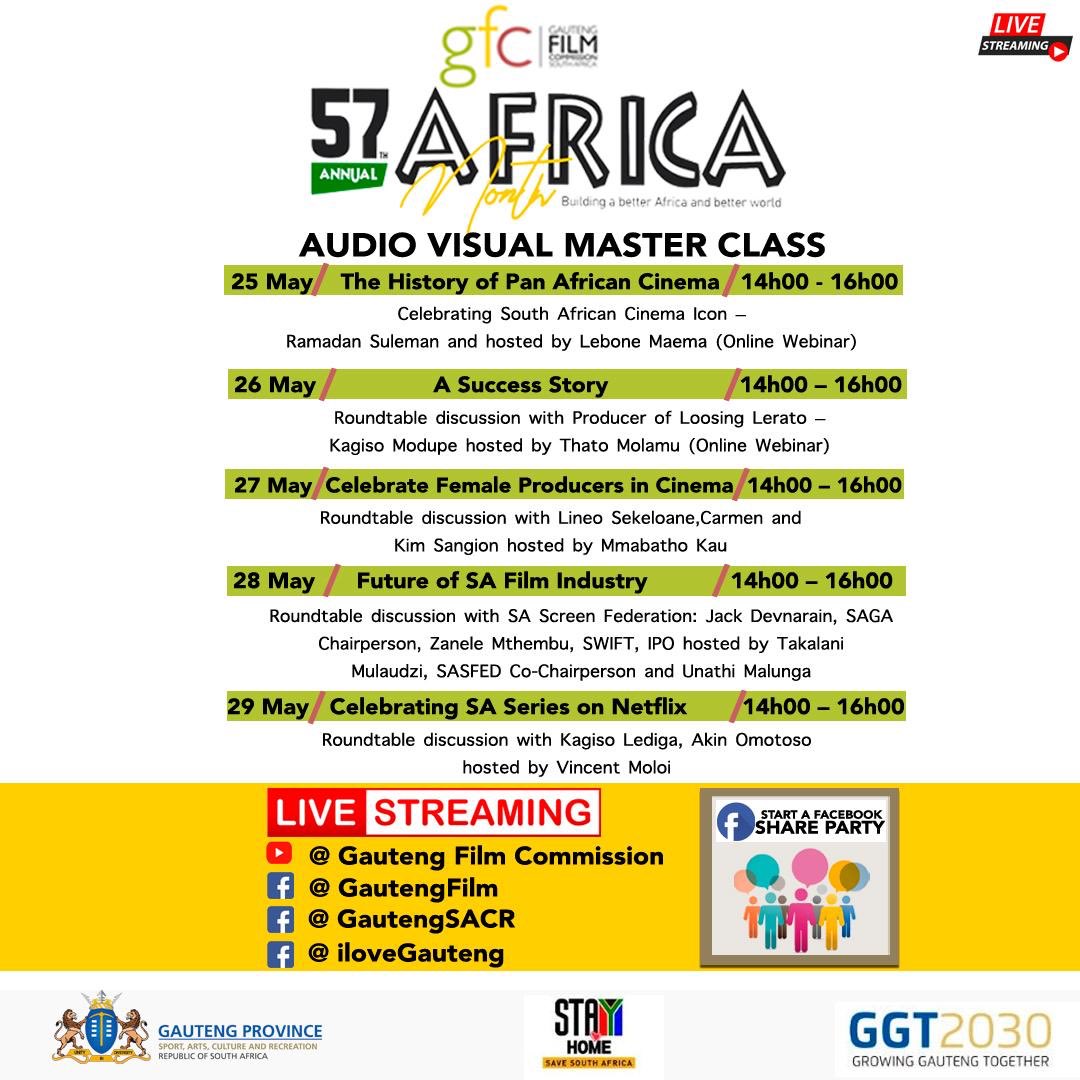 DotiProductions's tweet photo. @gfc celebrates African month with a series of online masterclasses. Join the conversation and let’s grow the industry. 

#GPAfricaDay2020
#AfricaDay2020
#AfricaMonth2020
#GautengCares
#staysafe https://t.co/3xy9jFDCuO