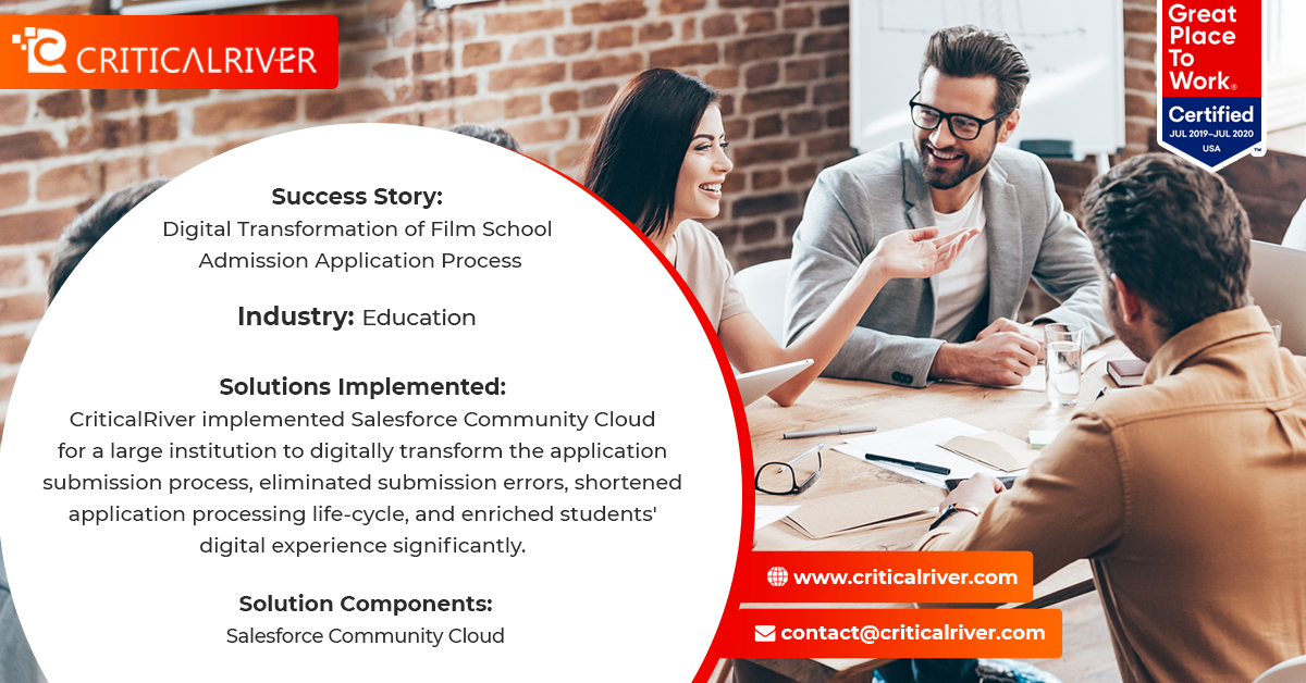 CriticalRiver improved applicant experience and streamlined their submission process using Salesforce Community Cloud. This resulted in 55% improvement and a reduced number of steps by 30%

rebrand.ly/fc333

#CriticalRiver #SalesforceCommunityCloud #ApplicationsAutomation