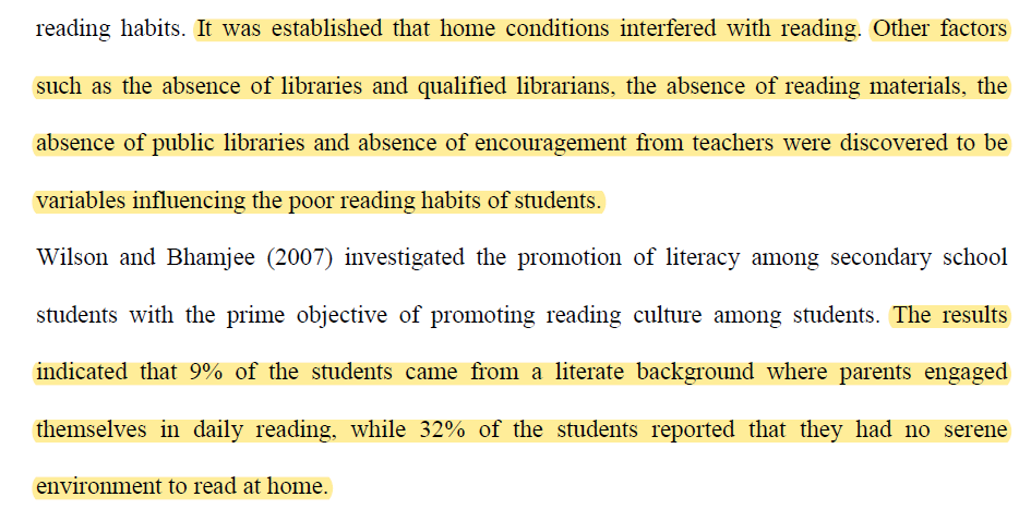 Seperti yang disebutkan, habit membaca dipengaruhi oleh persekitaran seperti pendedahan dan akses kepada buku serta sikap ibu bapa terhadap kepentingan membaca.