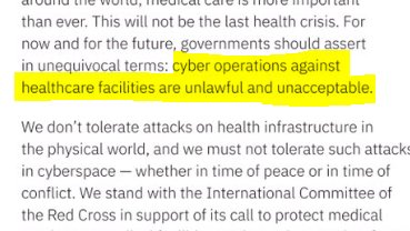 As are the leading international lawyers Dapo Akande, Zhixiong Huang, and  @Schmitt_ILaw. Their support strengthens the key message of the letter: "cyber operations against heath care facilities are unlawful and unacceptable"/11