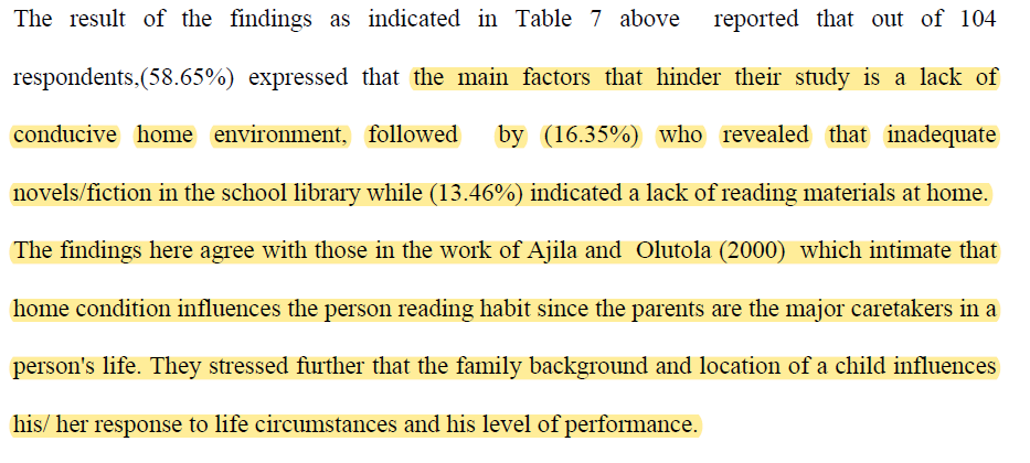 Kajian ini menyokong bahawa, kurangnya minat membaca kerana persekitaran di rumah tidak menyediakan persekitaran kondusif yang boleh memicu minat untuk membaca. Faktor-faktor lain termasuk akses kepada buku.