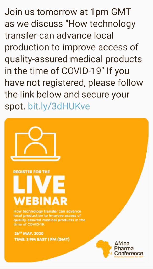 NEPADSANBio (@nepadsanbio) on Twitter photo AUDA-NEPAD is hosting a webinar of TechTransfer on keeping health research development & innovation at the center of COVID19 response in partnership with PATH and SANBIO. Dr Ereck Chakauya will be facilitating the discussion africapharmaconf.com/site/apc-new-w…
<a href="/nepadsanbio/">NEPADSANBio</a> <a href="/DrEreckChakauya/">Ereck Chakauya</a> AUDA-NEPAD is hosting a webinar of TechTransfer on keeping health research development & innovation at the center of COVID19 response in partnership with PATH and SANBIO. Dr Ereck Chakauya will be facilitating the discussion africapharmaconf.com/site/apc-new-w…
<a href="/nepadsanbio/">NEPADSANBio</a> <a href="/DrEreckChakauya/">Ereck Chakauya</a>