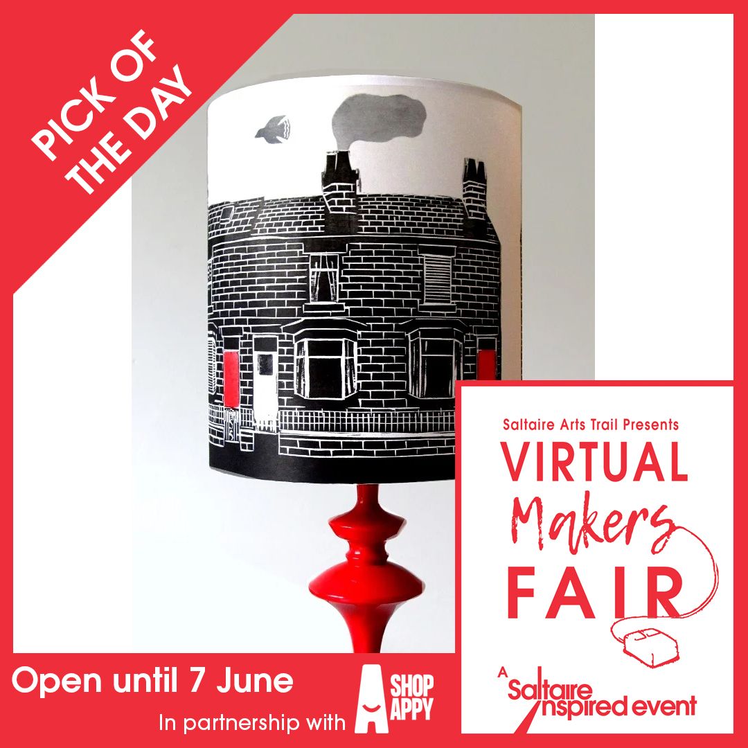 SaltaireArt's tweet photo. Today's 'Pick of the Day' from our Virtual Makers Fair at https://t.co/3v9xBG8nPT is a bold Terraced House lampshade by Sheffield-based printmaker @SamGroomPrints. Find it at https://t.co/fQFXOE7KEQ. 
#StayHomeStayInspired #ShopAppyuk #VisitBradfordlater #BeBradford #Bradford2025 https://t.co/yspaNn441n