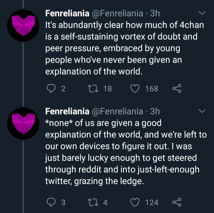 this is the weirdest, most quasi-religious thread i have ever seenthese people are so weak and incapable of self-determination that they would let themselves be led by the nose through internet forums to their beliefs  https://twitter.com/Fenreliania/status/1265121738292989952