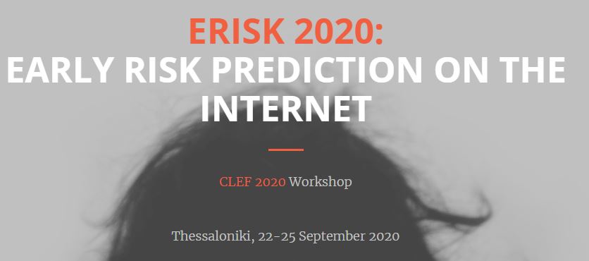el challenge eRisk <a href="/clef_initiative/">CLEF</a> , sobre predicción temprana de riesgos en Internet (en 2020 con datos de autolesiones y trastornos depresivos), organizado por <a href="/citiususc/">CiTIUS</a> <a href="/fcrestani/">Fabio Crestani</a>  y <a href="/jparapar/">Javier Parapar</a>, ha recibido más de 70 variantes de equipos de todo el mundo. Toca evaluarlos!! 🧪