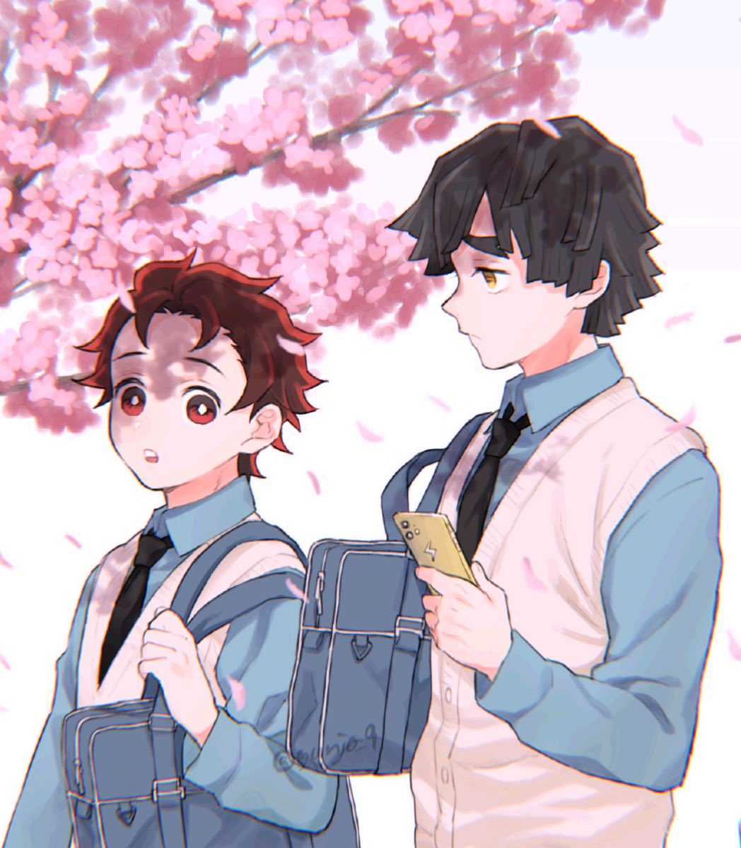 necktie multiple boys bag male focus cherry blossoms shirt black necktie  illustration images