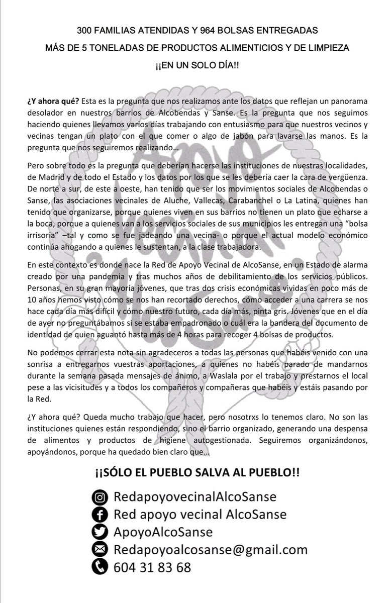 Buenos días <a href="/SERMadridNorte/">SER Madrid Norte</a>. Este pasado domingo, gracias a la solidaridad vecinal se consiguió dar una pequeña ayuda a vecinas y vecinos de #Alcobendas y #Sanse. Estamos exigiendo que sus ayuntamientos empiecen a asumir la responsabilidad de atenderlas.