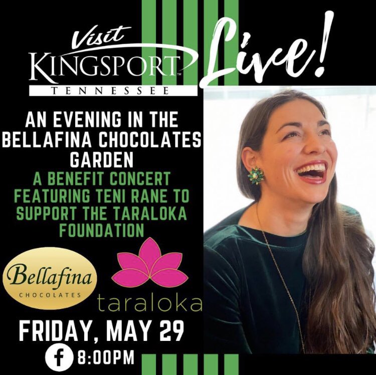 Don’t miss the final Visit Kingsport live this Friday...An Evening at the <a href="/BellafinaChoc/">Bellafina Chocolates</a> Garden, a benefit concert featuring Teni Rane Music to support the Taraloka Foundation. 

Live at 8 p.m. this Friday, May 29th on the Visit Kingsport Facebook page!