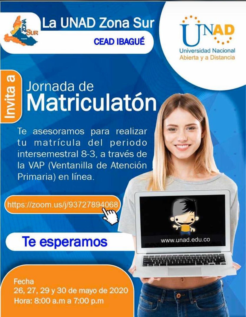 ¡UNAD Ibagué te extraña!💙🧡 <a href="/UniversidadUNAD/">Universidad UNAD</a> @ECBTI_IBAGUE  Queremos saber de ti, haz parte de la primera Mega universidad pública de los colombianos Aprovecha nuestra matriculatón este 26 , 27, 29 y 30 de mayo 👉🏻 zoom.us/j/93727894068¡Te esperamos!  #másunad máspaís  <a href="/NilabFM/">Nilson Ferreria</a>