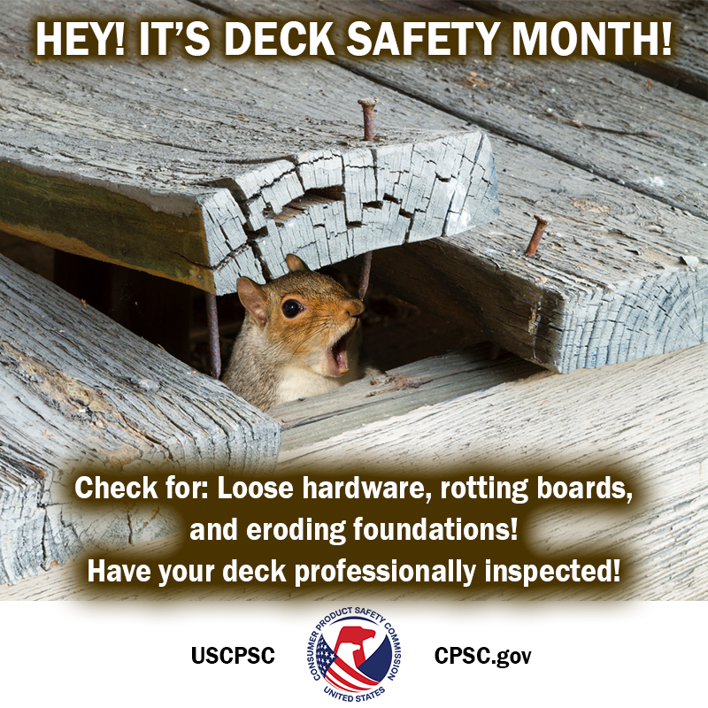 A squirrel popping out from under a deck. The text reads: Hey! It's deck safety month! Check for loose hardware, rotting boards, and eroding foundations. Have your deck professionally inspected.