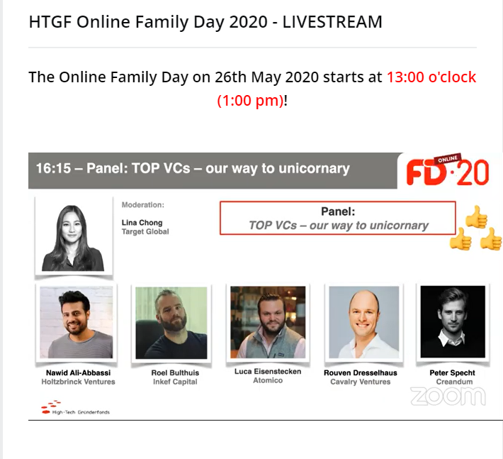 Bitkom_Startup's tweet photo. Spannende Panel-Diskussion "TOP VCs - our way to unicornary" beim @HTGF Family Day mit #LinaChong @TargetGlobalVC, #NawidAliAbbassi @HVVentures, #RoelBulthuis #INKEFCapital, #LucaEisenstecken @atomico, @RDresselhaus @CavalryVentures & @specht_p @creandum! #HTGFFamily #FD20 https://t.co/14uOT476Ju