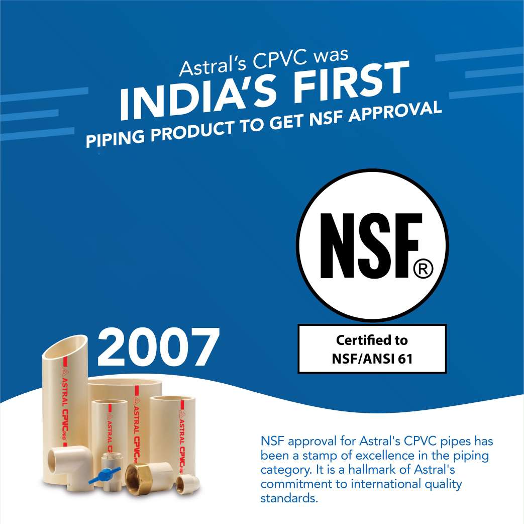 AstralPipes's tweet photo. Astral Pipes has been the only brand which received India’s first NSF approval for its CPVC piping system in 2007.
#AstralPipes #Pipes #Astral #Leadfree #Piping #Pipingsystem #Potablewater #IndianPipes #Cpvc #Achievement #NSFApproved #HotAndColdWaterPipes #NSFStandards https://t.co/IZZltPNhY9