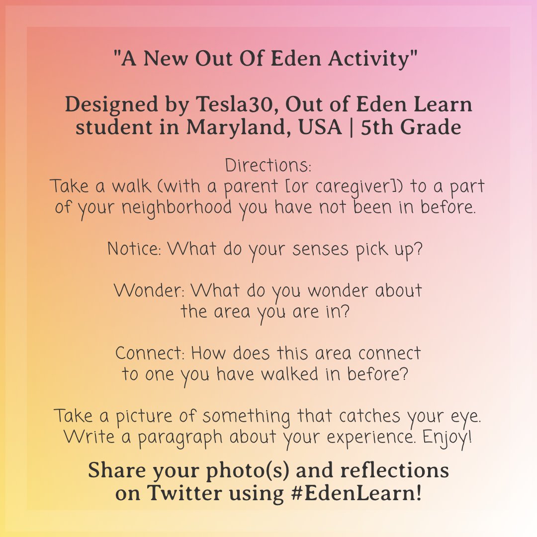 OutofEdenLearn's tweet photo. Looking for an #offlinelearning activity? #EdenLearn student Tesla30 came up with their own #activityathome - How do you notice, wonder, and connect? #TuesdayTip #TuesdayThoughts #studentvoice #Learningathome https://t.co/6ZJiV3PK0R