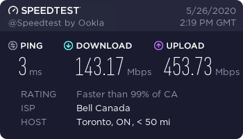 tysonbaber's tweet photo. Check it out @Bell @Bell_Support - 10 pm or 10 am, either way it looks like I get less than 150 Mbps down when I'm paying for 500 Mbps. Is it not possible to get 500 Mbps down at my address (Toronto Metro area)? https://t.co/hv77crGWWN