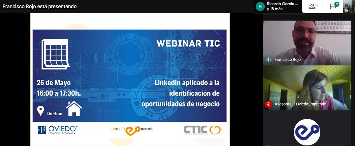 OviedoEmprende's tweet photo. En el #webinarTIC: LinkedIn aplicado a la identificación de oportunidades de negocio que en estos momentos está impartiendo Fran Rojo de CTIC ¡Muy interesante para obtener el máximo rendimiento a esta red social en crecimiento 
#OVDEmprende @aytoviedo + @fundacionctic https://t.co/nZDk5x9sDA