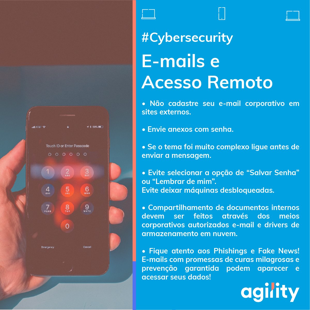 somosagility's tweet image. A cibersegurança para o trabalho remoto exige maior atenção. Veja nossas dicas. #somosagility #AgilityTips #trabalhoremoto #segurança #produtividade