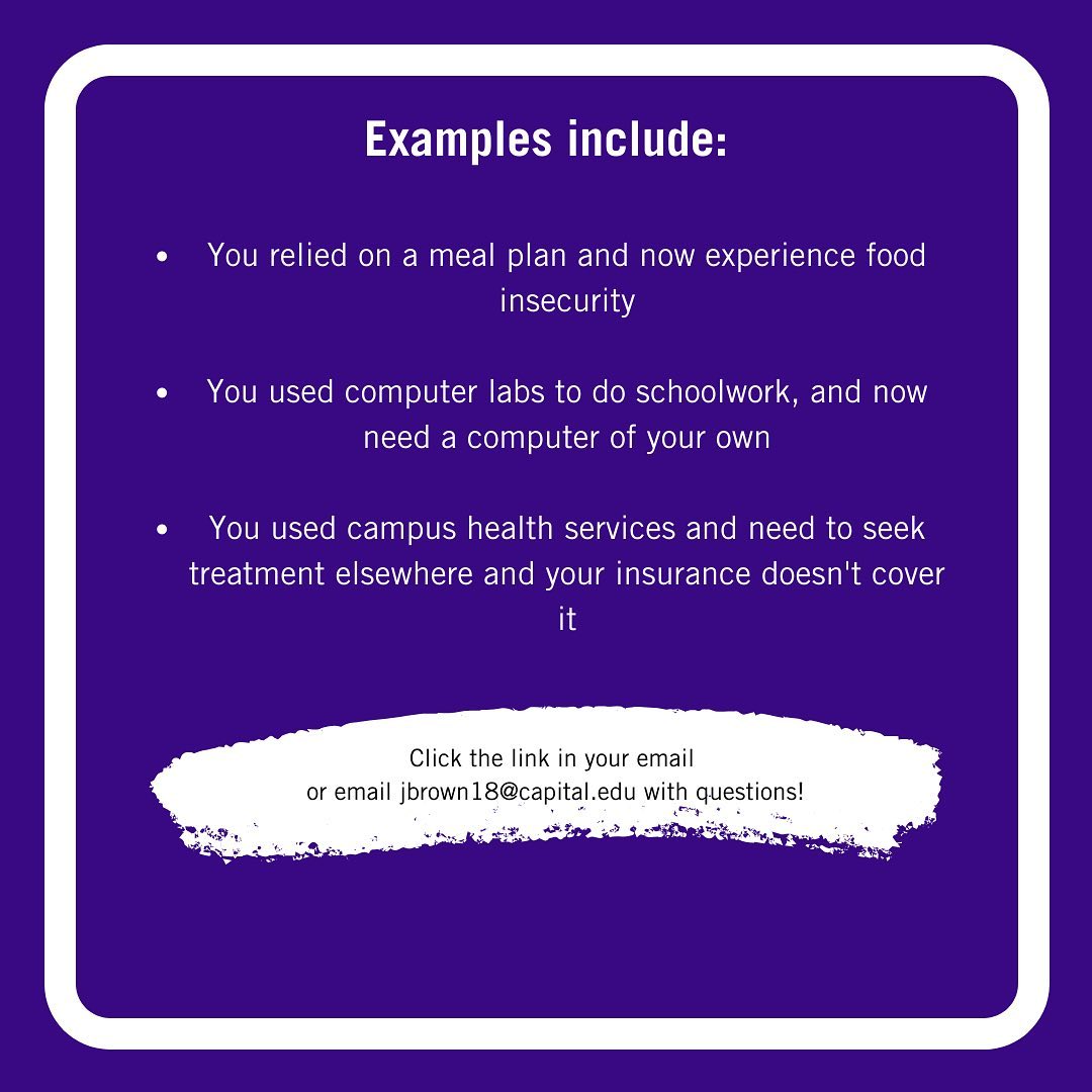 CapURelPhil's tweet photo. Hey, @Capital_U students: have you applied for reimbursement of your expenses related to transition to remote learning? The federal CARES act provides this benefit to you, and lots of different expenses are eligible. Application here: https://t.co/l8Ope45HxR #CapFamConnected https://t.co/r8fBzq84ne
