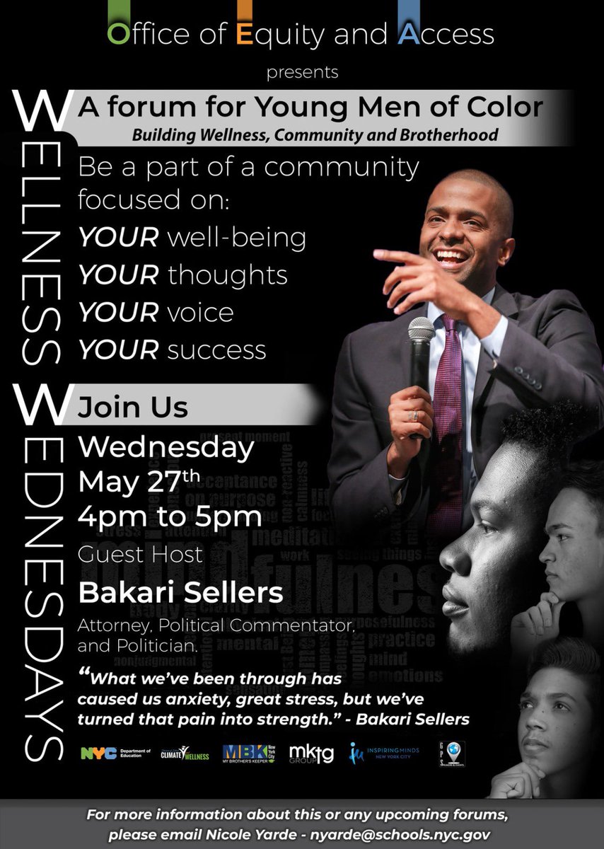 nikkyyarde's tweet photo. 🗣🗣 Students, grab a friend, fellow educators grab a student and join us tomorrow for this forum! We're excited to present this #WellnessWednesday's guest speaker, Bakari Sellers, for an interactive chat with our young men of color #wellnesswednesday #brotherhood #bakarisellers https://t.co/8871v4YXCj