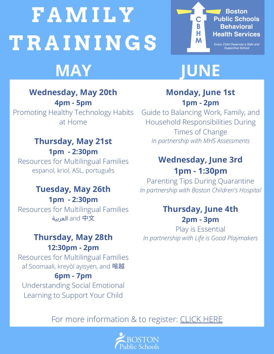 BostonSchools's tweet image. In an effort to provide families with helpful tips and resources, @BostonSchools  has partnered with community experts to provide brief trainings on everything from parenting tips to healthy technology habits. Sign up for today's session: ow.ly/dpgN30qJolm