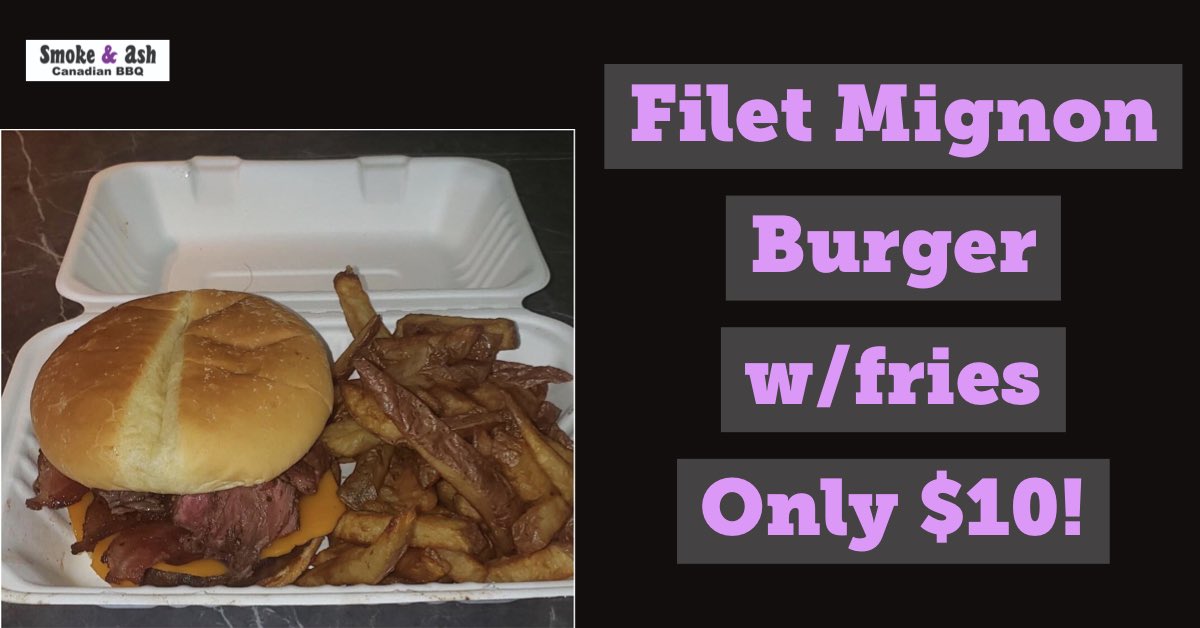 A generous portion of beef tenderloin cooked to perfection on top of one of our delicious burgers.  

Served with cheese, bacon, BBQ sauce, aioli and fresh cut fries. 

Tender, juicy, mouthwatering... only $10 #yeg #yegfood