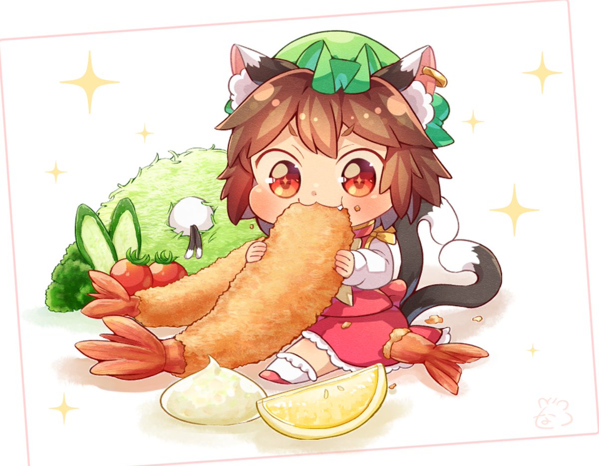 chen 1girl animal ears tail cat ears multiple tails food brown hair  illustration images