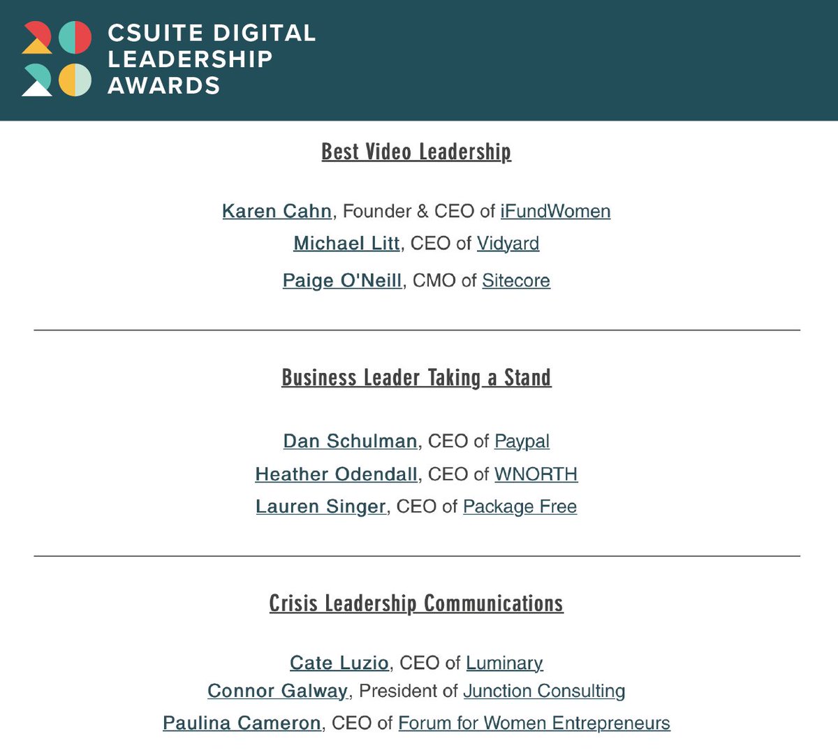 CSuiteContent's tweet photo. Excited to announce the finalists for the #2020CSuiteAwards — recognizing leaders who inspire on social media and digital channels! A huge congrats to finalists and sincere thanks to everyone who applied. Winners announced June 15 — stay tuned! 🏅 

https://t.co/nQnGdSV0Mr https://t.co/LwTomLCQe9