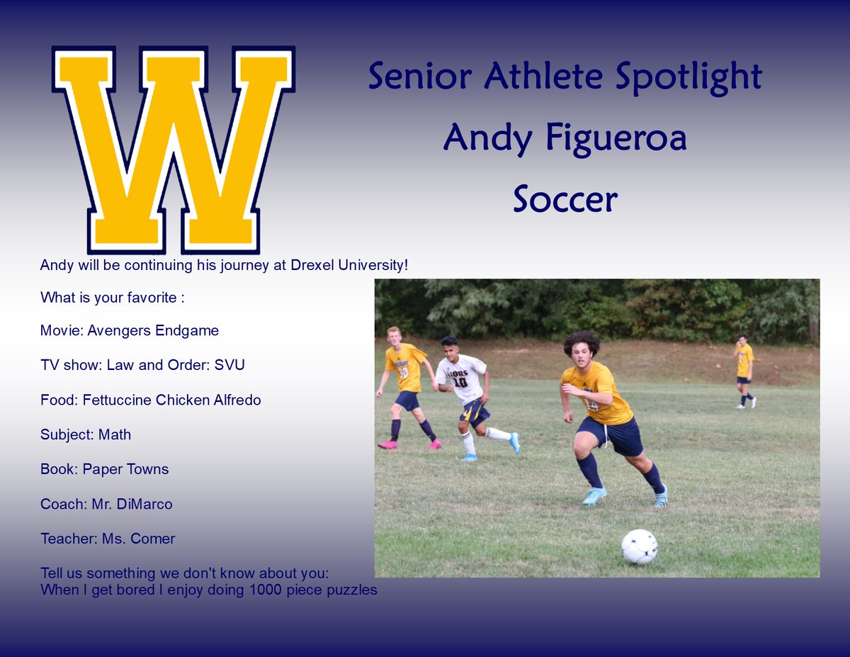 WOODBURYATC's tweet photo. Another Senior Spotlight! Andy has played soccer for the Herd for four years, and he will be missed.  Great personality in the locker room and on the field!Good Luck in your future endeavors!! #woodburypride #GoHerd 
@HERD_ATHLETICS @WoodburyCitySch https://t.co/aLz52Fgjig