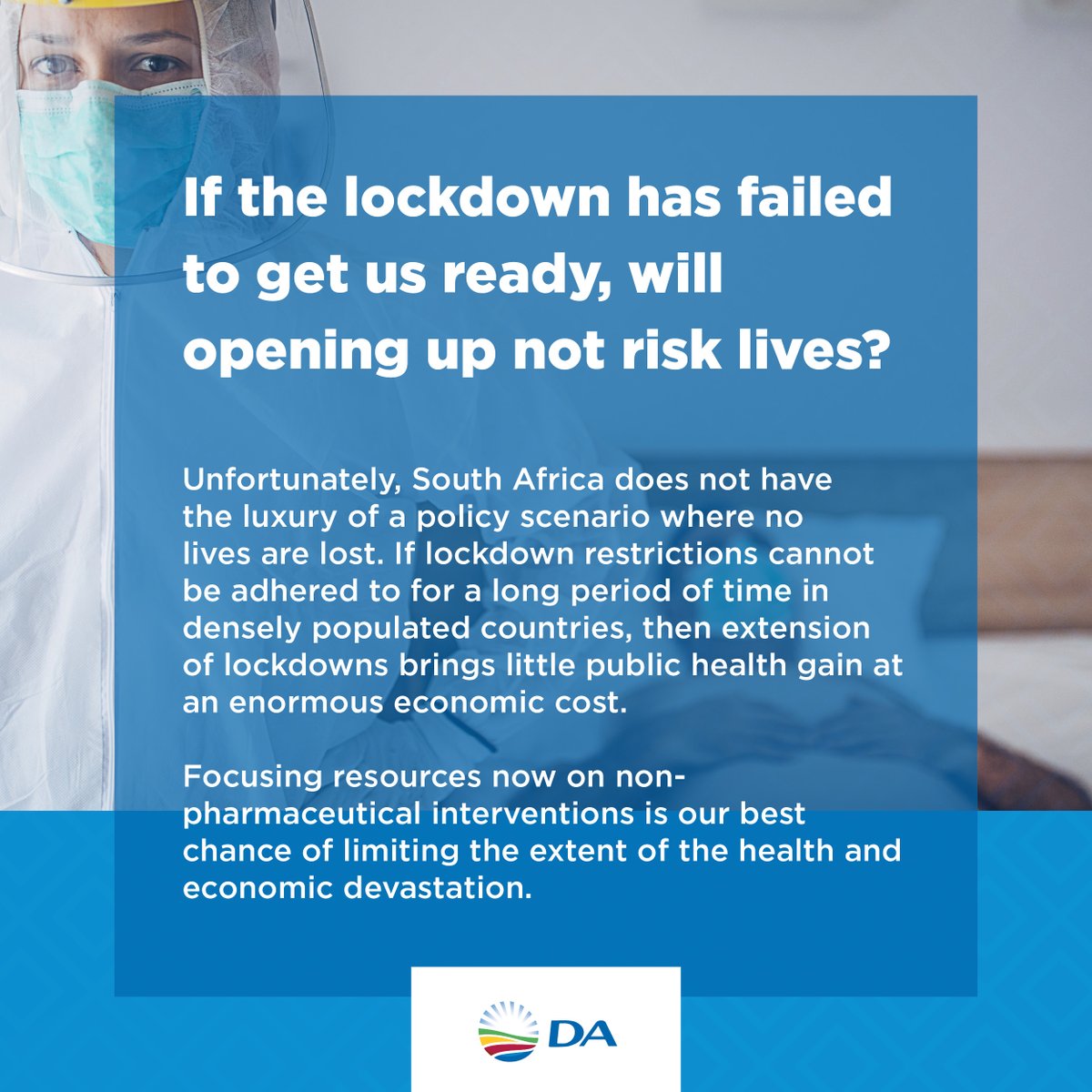 Our_DA's tweet photo. 🩺| Why does the DA-run Western Cape have the highest infection numbers and COVID deaths in SA?

If the lockdown has failed to get us ready, will opening up not risk lives?

See our answers to these FAQs and more on our website: https://t.co/mbmleWJkHt

#Day61OfLockDown https://t.co/6JxTc5zfBD