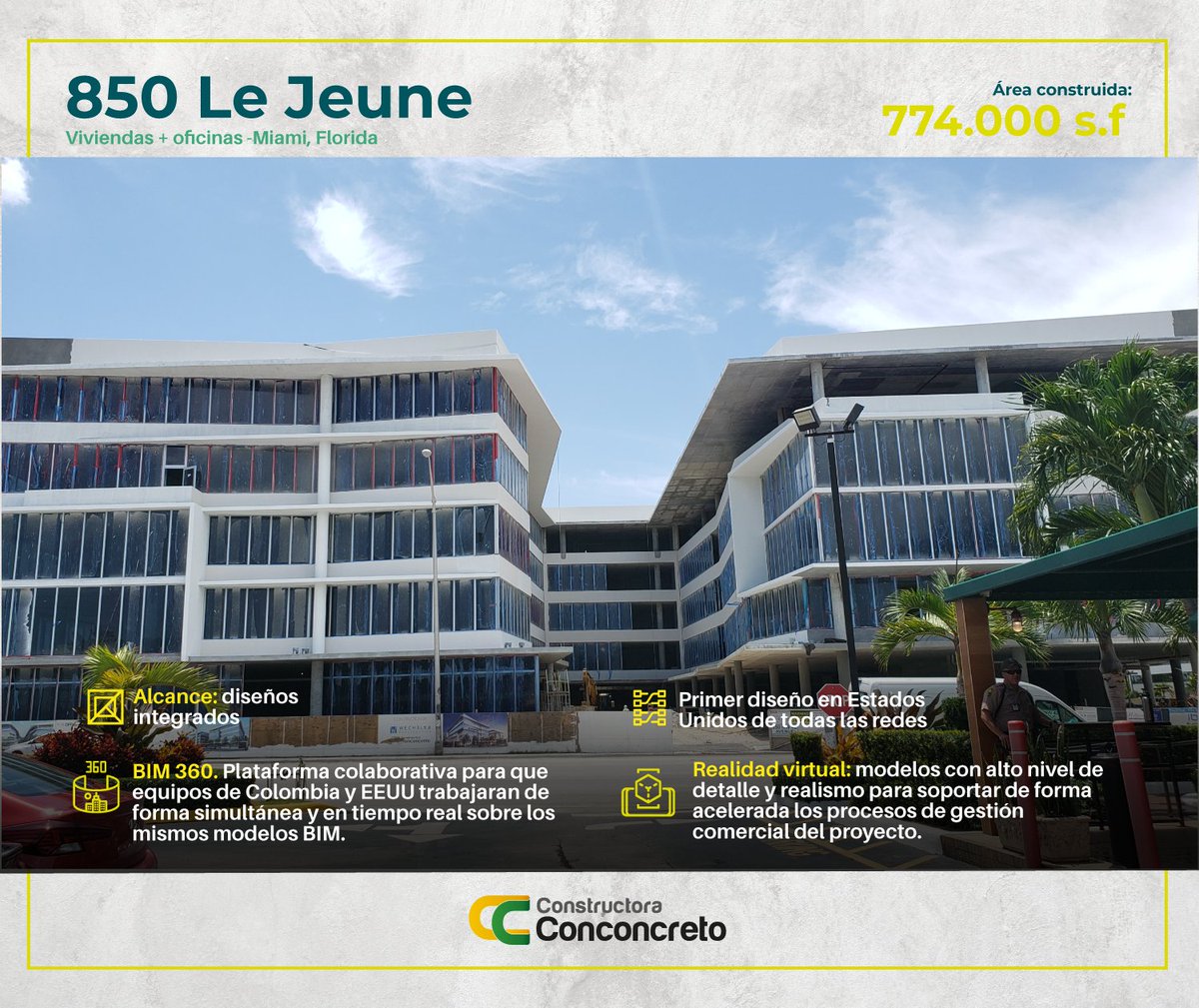 Conconcreto's tweet photo. 850 Le Jeune es el primer proyecto de construcción en USA en alianza con Wechsler Construction. Tiene los diseños integrados de nuestra unidad de Ingeniería y Diseño Digital. #AsambleaAccionistasConconcreto #InformeSostenibilidad #ReporteGRI https://t.co/Vyfzq90Jmp